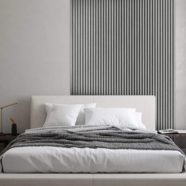 imagine de prezentare riflaj din mdf gri intr.un dormitor pe perete cu un pat de decor