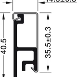 Desen tehnic al secțiunii profilului de perete Häfele: adâncime 14,5 ± 0,3 mm, înălțime 40,5 mm, față 35,5 ± 0,3 mm